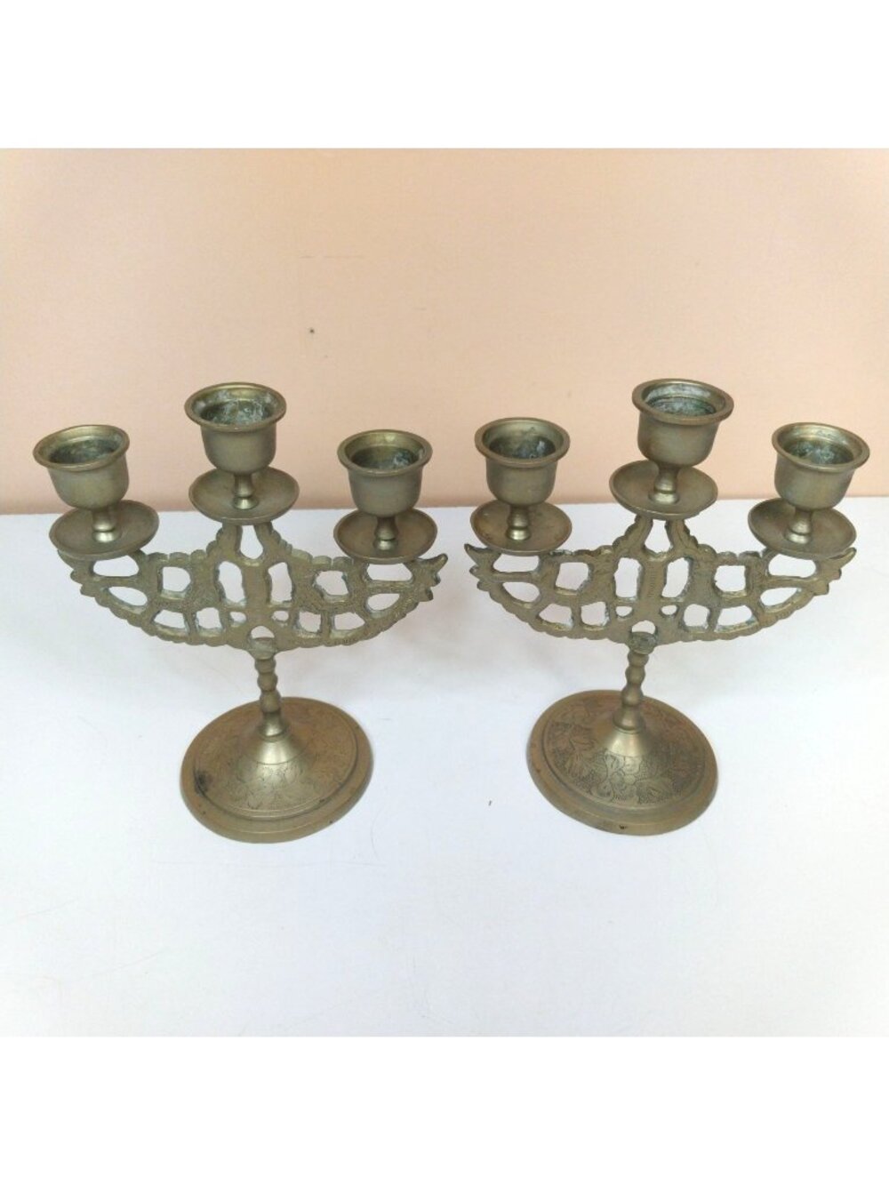 Vintage Brass Candlestick Holders Set Of 2 Three-Arm Candelabra Cutout Design